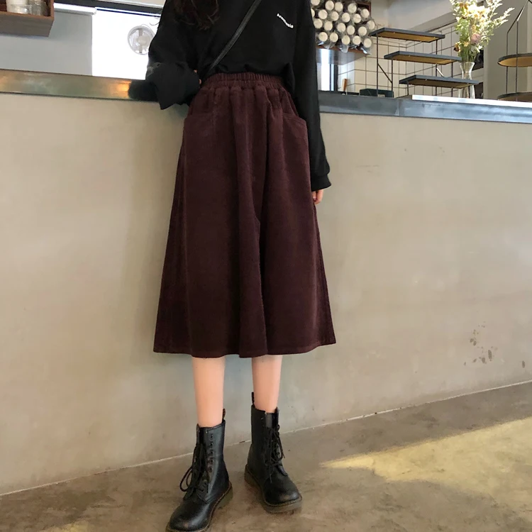 Mori Girl Осень Зима Высокая талия одноцветное Вельветовая юбка женская одежда Femme Элегантный Винтаж свободные карманы юбки K149