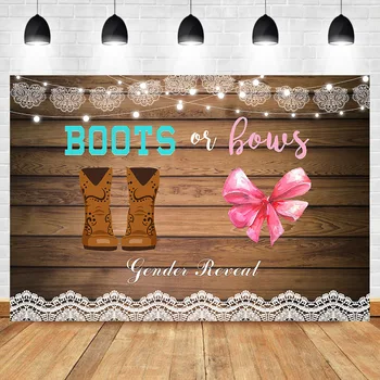 

NeoBack Boots or Bows Gender Reveal Backdrop Rustic Wooden Lace Baby Shower Photography Background Cake Table Banner Photo Booth