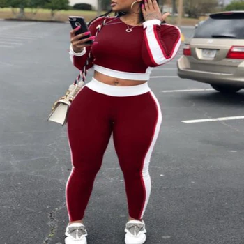 

2Pcs Women Tracksuit Hoodies Sweatshirt Pants Sets Sport Wear Casual Suits New Contrast Stripe Cropped High Waist Skinny Suit