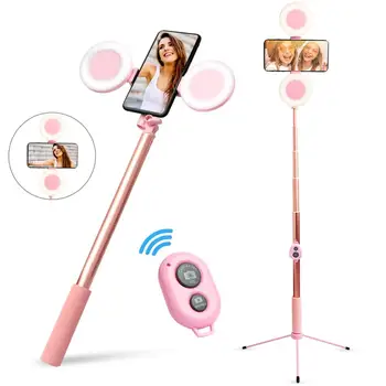 

4 in 1 Phone Mount Selfie Light 1.7m Extendable Live Tripod Selfie Stick Support LED Ring Light Stand for Android Smart Phone