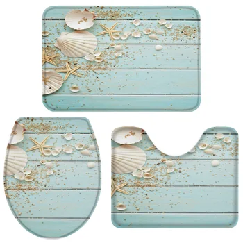 

3 Pieces Bathroom Set Wooden Board Shells Starfish Bath Set Toilet Cover Mat Pedestal Rug Non-Slip Bathroom Rug Set