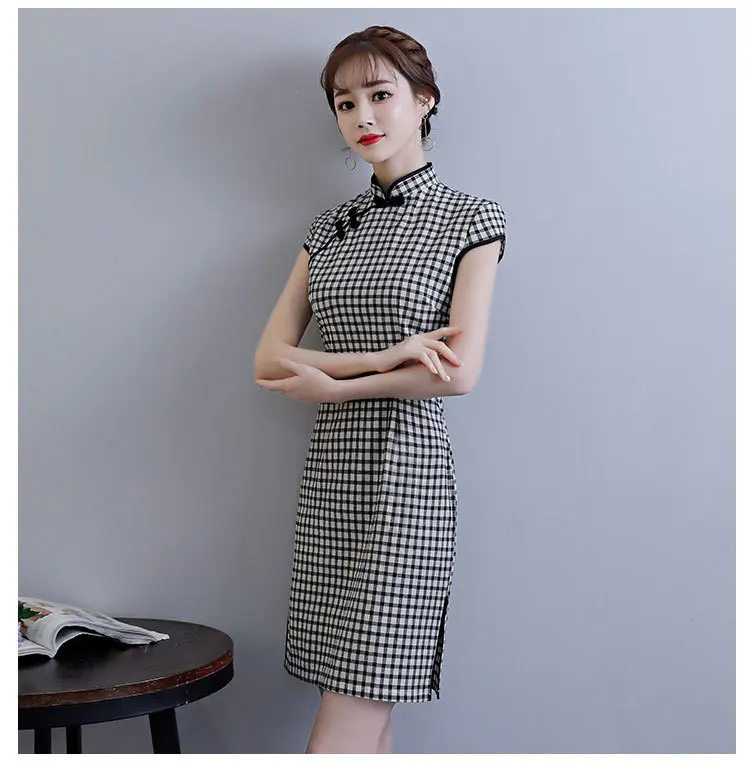 Cheongsam женский стиль Модное Элегантное Ретро клетчатое платье Cheongsam приталенное короткое Повседневное платье cheongsam