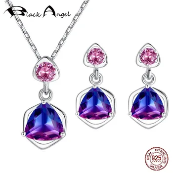 

925 Sterling Silver Wedding Jewelry Set Sparkling CZ Triangle Rainbow Zircon Pendant Elegance Necklace Earrings Set for Women