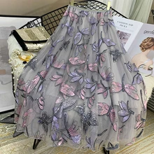 

High quality sequins embroidery dragonfly two layer mesh pleated skirt women 2022 spring high waist long skirts womens elegant