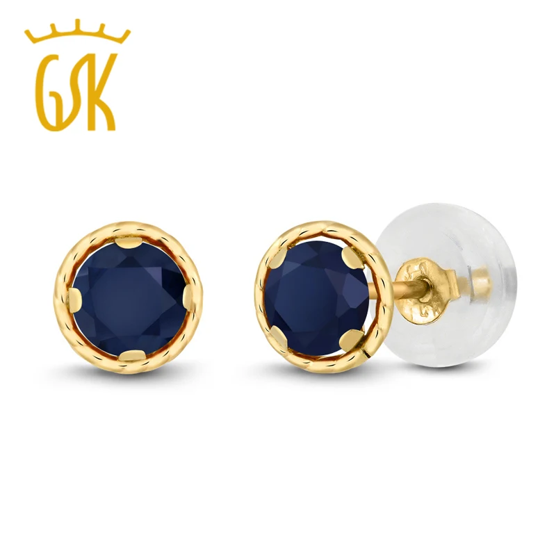 GemStoneKing 0,72 карат круглые 4 мм натуральный синий сапфир 14 к желтое золото серьги-гвоздики для женщин хорошее ювелирное изделие