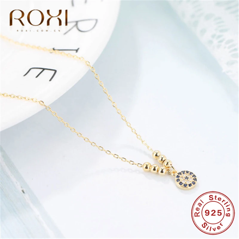 ROXI, 925 пробы, серебряное ожерелье с турецким глазом для женщин, голубой Фианит, кристалл сглаза, ожерелье, подвеска, изящная цепочка на шею - Окраска металла: Золотой цвет