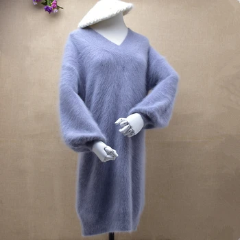 

Fashion women's long skirt knitted pile warm soft Angora rabbit hair mink high quality V-Neck long sleeve autumn winter clothes