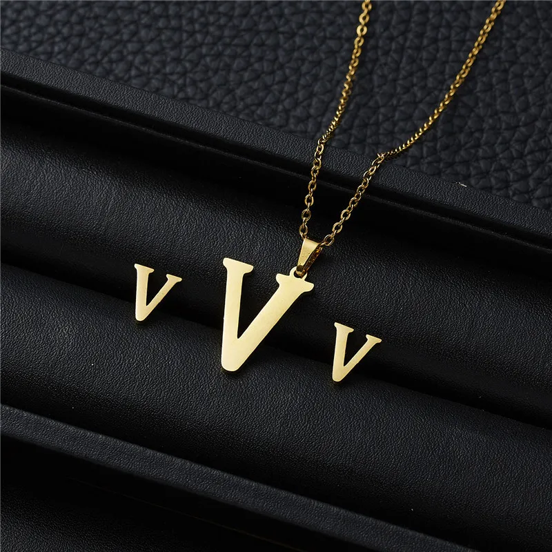 yellow fashion jewelry set Rinhoo New Initial A-Z Letters Pendant Stainless Steel Link Chain Necklace Earring for Women Men Trendy Jewelry Set Gift trendy ring sets