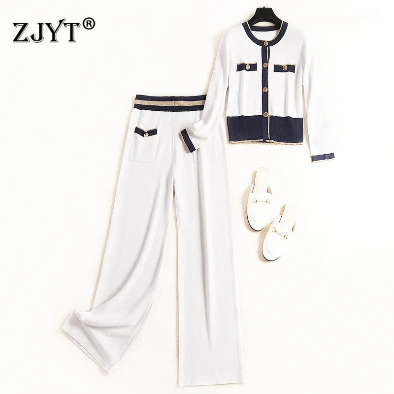 

Autumn Designer Fashion Runway Suit Women New Long Sleeve Color Block Knitting Cardigans Top and Pants 2piece Set Elegant Outfit
