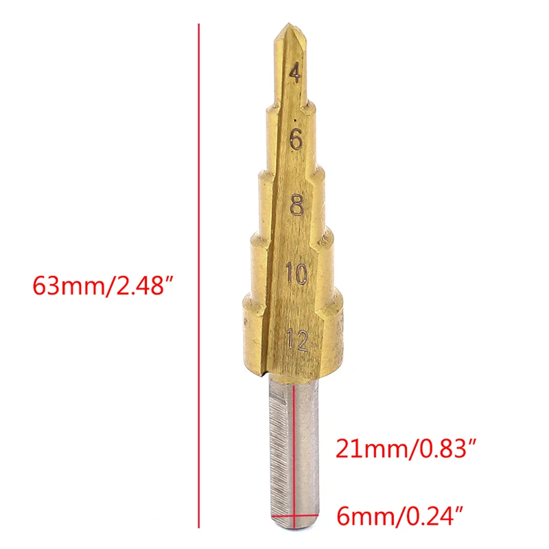 

Gold Tone Triangle Shank Titanium-Plated Straight 5 Step Flute Drill Bit 4-12mm