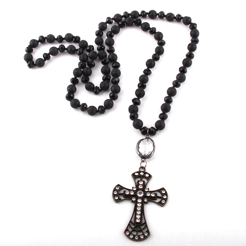 

MOODPC Fashion Bohemian Tribal Jewelry Black Lava Stones/Glass Long Knotted Cross Necklaces Women Necklace Dropship