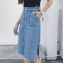 Длинные джинсовые юбки с бантом и поясом, женские джинсовые юбки с карманами, летние корейские винтажные Сексуальные Юбки-миди, юбка с разрезом, большие размеры, повседневная V633