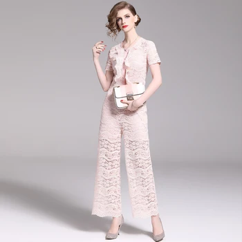 

New Summer Wide-legged Pink Lace Jumpsuit Monos Mujer Largos 2020 Overall for Women Bodysuit Navy Blue Playsuits K6517