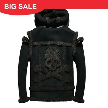 

2020 Black Men Winter Thick Wool Skulls Shearling Coat Large Size XXXXL Genuine Sheepskin Warm Slim Fit Natural Shearling jacket