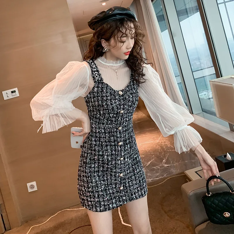 

Set 2019 Autumn And Winter New Style Debutante Elegant Stand Collar Tops + Fashion Slim Fit WOMEN'S Dress A- line Skirt Two-Piec