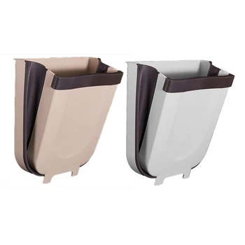 

2x Trash Can Kitchen Wall Mounted Garbage Bin Foldable Waste Bins 8L Large Capacity Waste Bin Car Trash Can-Khaki & White