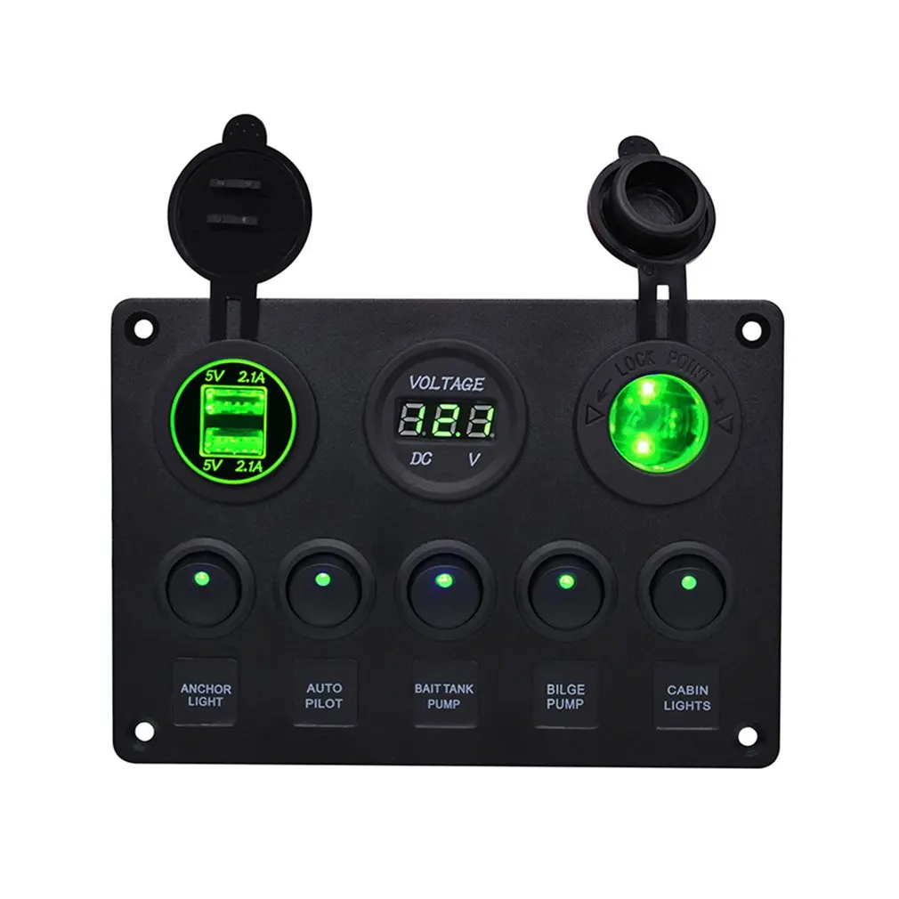

Dual USB Car Vehicle Charger LED Voltmeter 12V Power Outlet With 5 Toggle Switch Panel for Car Boat Marine RV Yachts