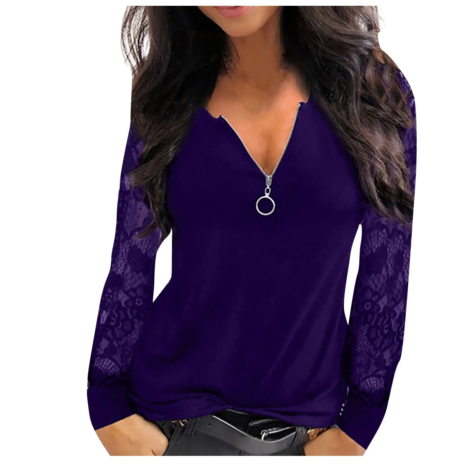 Lace Patchwork Sexy Shirt Casual Fashion Women Blouses Top Long Sleeves V-neck Zipper Blouse Shirts Summer Female Clothing 