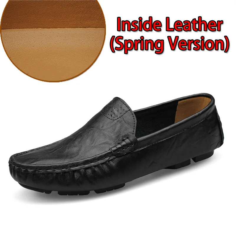 Black Leather EMOSEWA/Высококачественная Мужская обувь из натуральной кожи; Мягкие Мокасины; лоферы; модная брендовая мужская обувь на плоской подошве; удобная обувь для вождения; большие размеры 36-50 - Цвет: Black Leather
