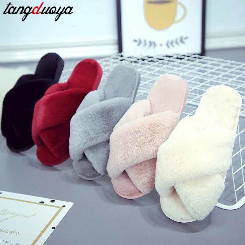 Women Fluffy Winter Sandal Cross Plush Open Toe Sandal Soft Flat Shoes Warm Faux Fur Slipper Home Female Shoes furry slippers
