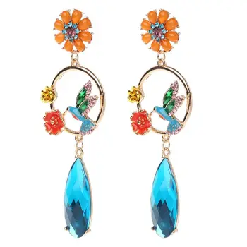 

Colorful Rhinestone Earrings Cartoon Bird Flower Moon Design Women Jewelry