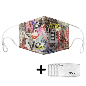 

Harajuku Colorful Graffiti Print Anti-dust Mouth Mask With 7pcs Filter PM2.5 Adults Hip Hop Reusable Face Masks For Women Men