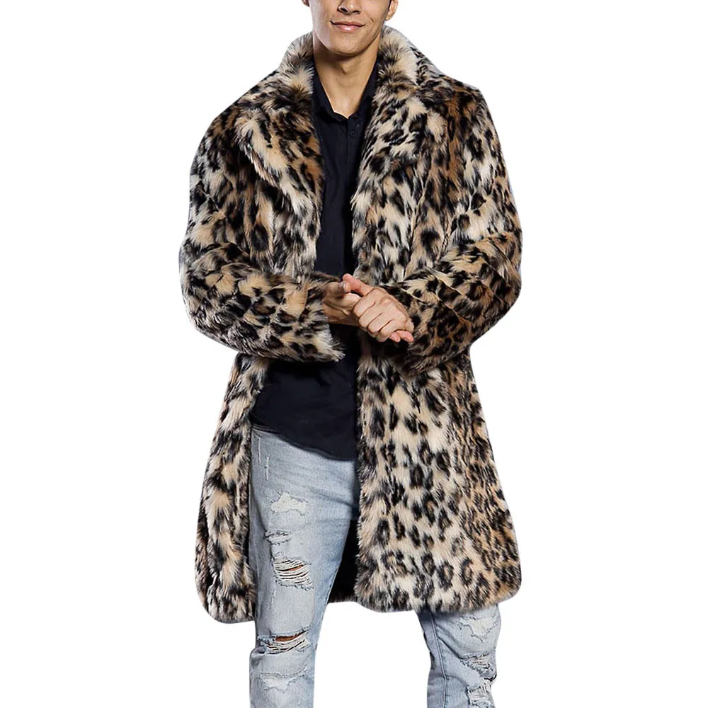 Мужская леопардовая теплая Толстая куртка с меховым воротником, парка из искусственного меха, модная верхняя одежда, кардиган, толстовка, зимние мужские топы, блузка, Новинка - Цвет: Черный