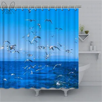 

Blue Sky Ocean Bathroom Curtain Seagulls Flying Waterproof Shower Curtain Polyester Fabric Bath Curtain Bathing Cover Shower Set
