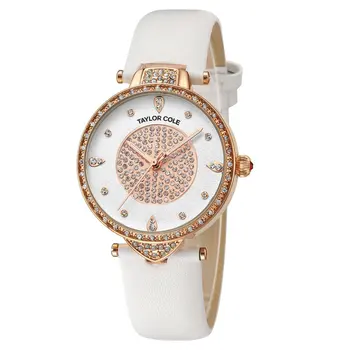 

TC109 Luxury Taylor Cole Brand Watches for Women Rose Golden Case White Genuine Leather Watchband Quartz Watch Relojes de Mujer