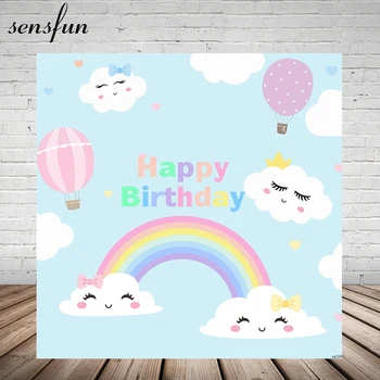 

Sensfun Newborn Baby Shower Backdrops Light Blue Sky Smile Clouds Hot Air Balloons Girls 1st Birthday Party Backgrounds Custom