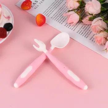 

2pcs in 1 Set Baby Food Supplement Feeding Tableware Fork Spoon Combination Set Practice Feeding Tools for Infant Baby(Pink)