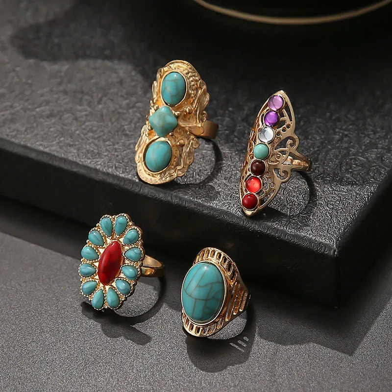 Silver Ring Jewelry Accessories Ring Set Adjustable Rings Gold Color Ring Gold Color Rings Vintage Antique Silver/Gold Color Rings Sets Colorful Opal Crystal Stone Carve For Women Men Bohemian Jewelry Anillos