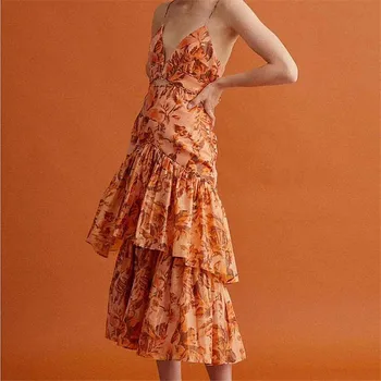 

2020 New Dress Women Sexy V-neck Spaghetti Strap Orange Dress Flower Printed Holiday and Vocation Backless Dress Omighty Dress