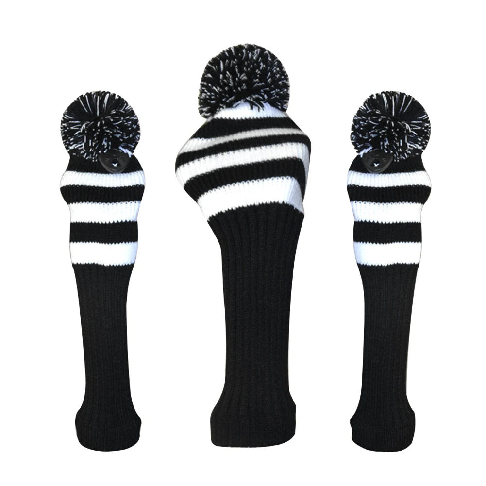 

3pcs Long Neck Anti Scratch Washable Soft Dustproof For Driver Sports Protective Big Pom Pom Golf Headcover Set Golf Knitted