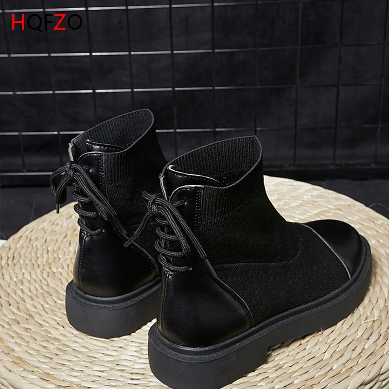 HQFZO/повседневные ботинки с эластичным носком; женские ботильоны; сапоги на плоской подошве на платформе; сезон осень-зима; обувь с перекрестной шнуровкой; Zapatos De Mujer;