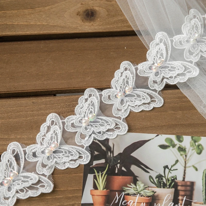 1 Yard Butterfly Embroidered Lace Trim Ribbon Pearl Beaded DIY Sewing Applique F3MD