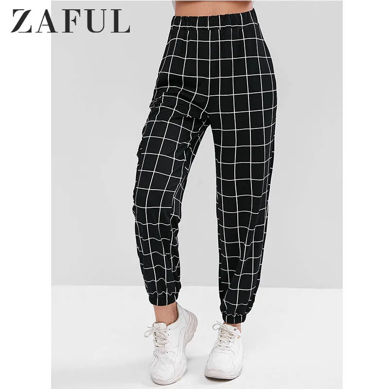 Женские брюки с высокой посадкой ZAFUL клетчатые джоггеры карманами и орнаментом