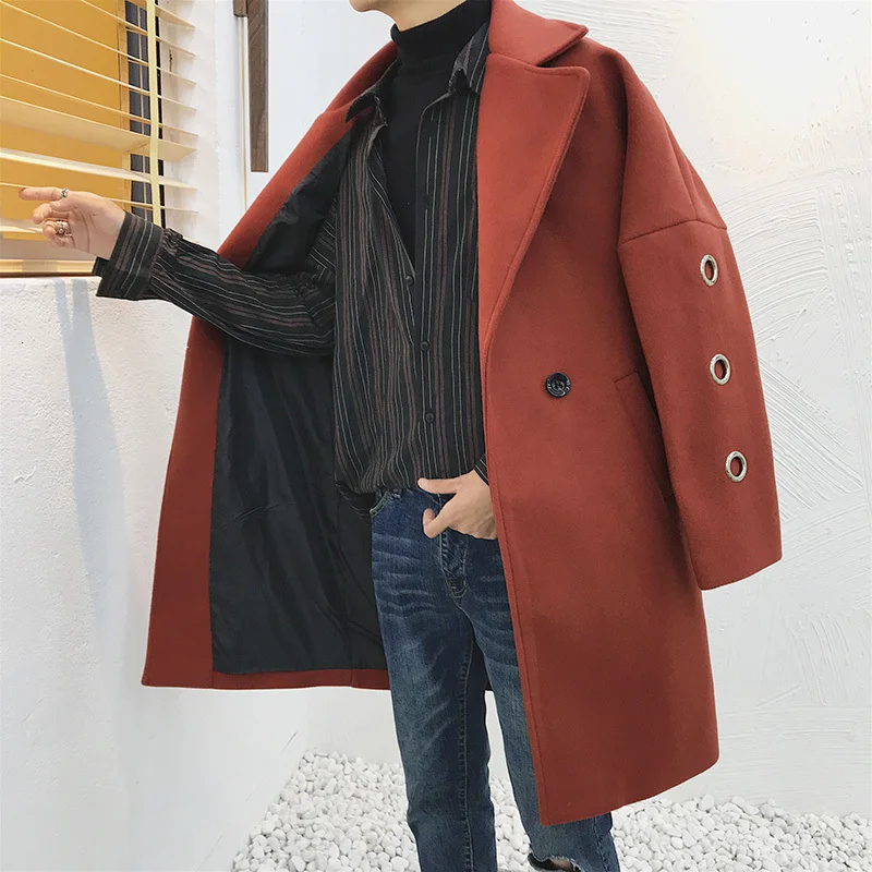 2019 Autumn And Winter New Men's Loose Woolen Coat Fashion Casual Solid Color Mid-length Windbreaker Jacket Red S-2XL 2019 Autumn And Winter New Men's Loose Woolen Coat Fashion Casual Solid Color Mid-length Windbreaker Jacket Red S-2XL