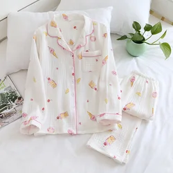 Japanese New Summer Women's Cotton Crepe Long-sleeved Trousers Pajamas Set Cute Two-piece Spring and Autumn Home Service Ladies
