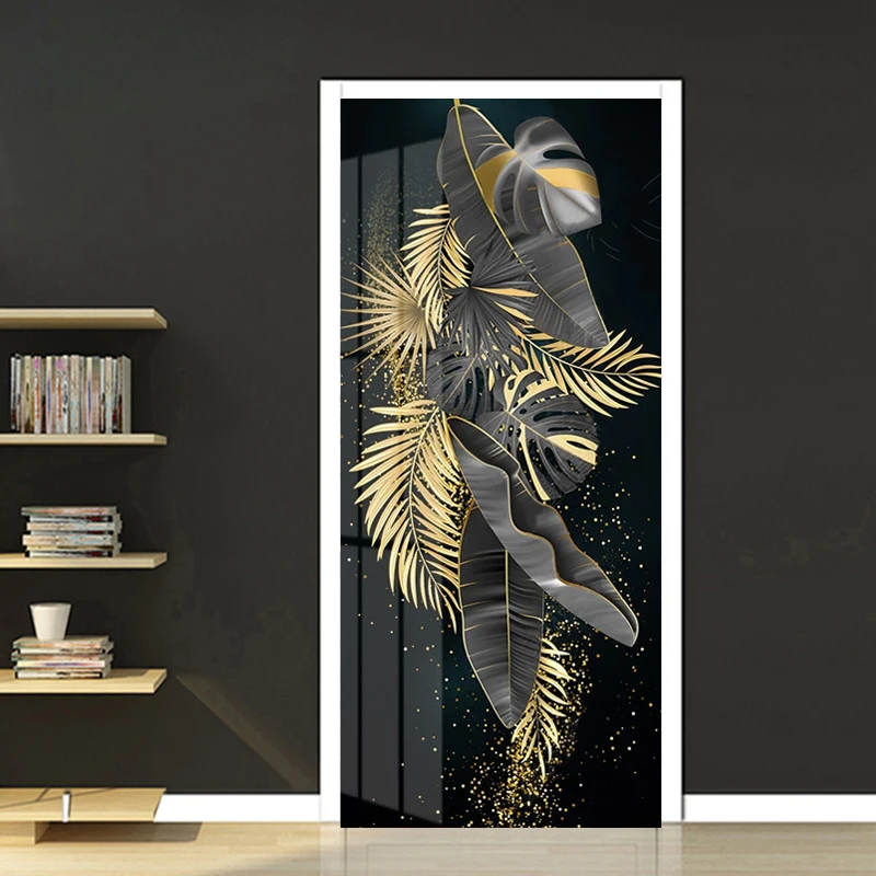 SelfAdhesive Door Sticker Modern Luxury 3D Golden Banana Leaf
