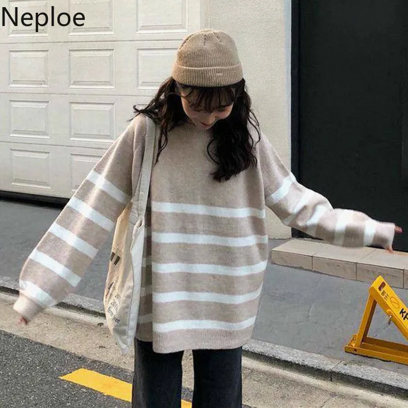 Neploe осень зима Harajuku стиль полосатый вязаный свитер женский свободный простой средней длины пуловер для женщин низ Топ 46656