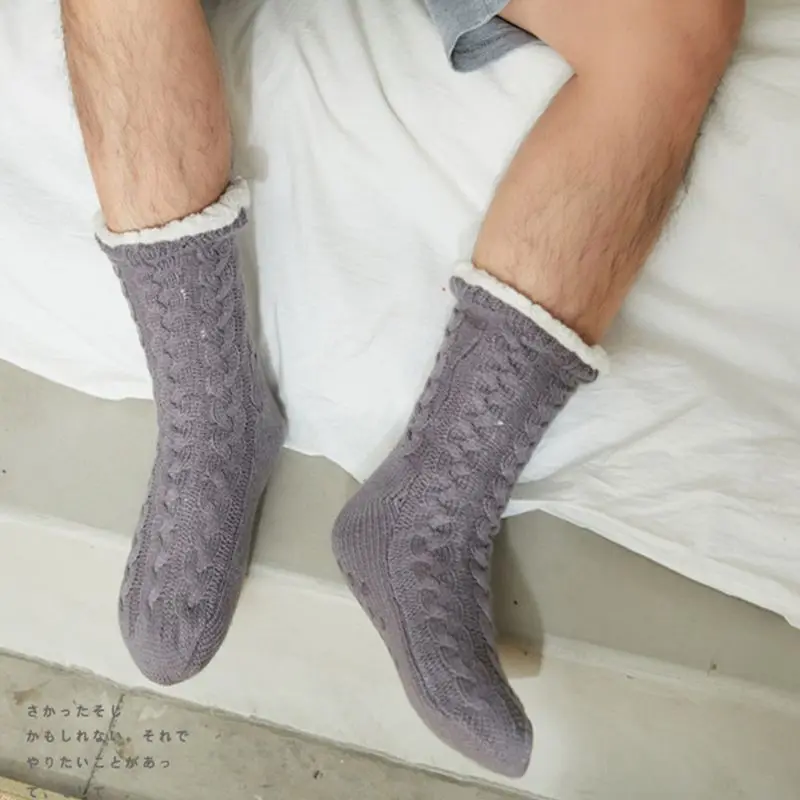 Men Super Soft Warm Fuzzy Slipper Socks Twist Cable Knitted Solid Color Thicken Plush Lining Hosiery with Non-Slip Grips Men Super Soft Warm Fuzzy Slipper Socks Twist Cable Knitted Solid Color Thicken Plush Lining Hosiery with Non-Slip Grips