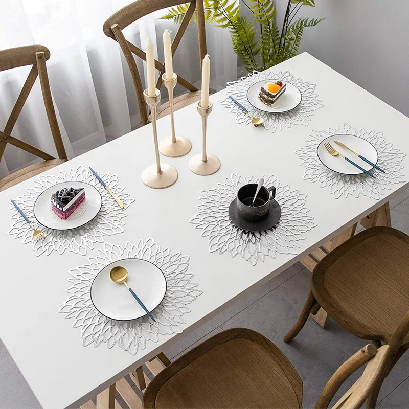 

Placemat For Dining Table Pads PVC Hollow Heat Insulation Round Baroque Mediterranean Coaster Table Bowl Mats Home Decor 38cm
