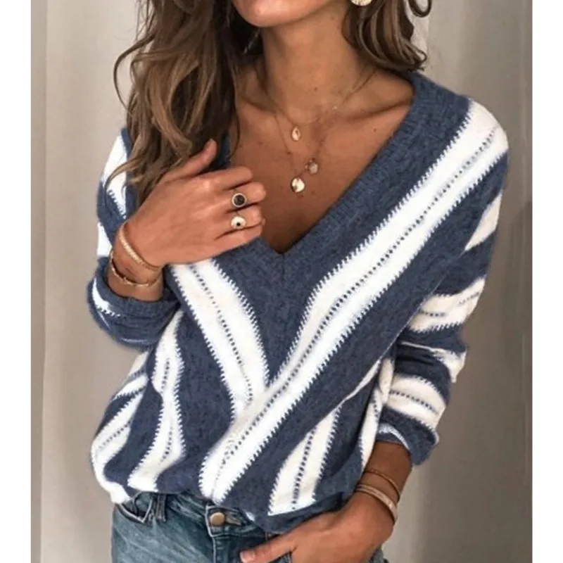 

Women Autumn Early Spring V Neck Striped Streetwear Knitted Tops T-shirt Long Sleeve Loose Pullover Jumper Knitwear
