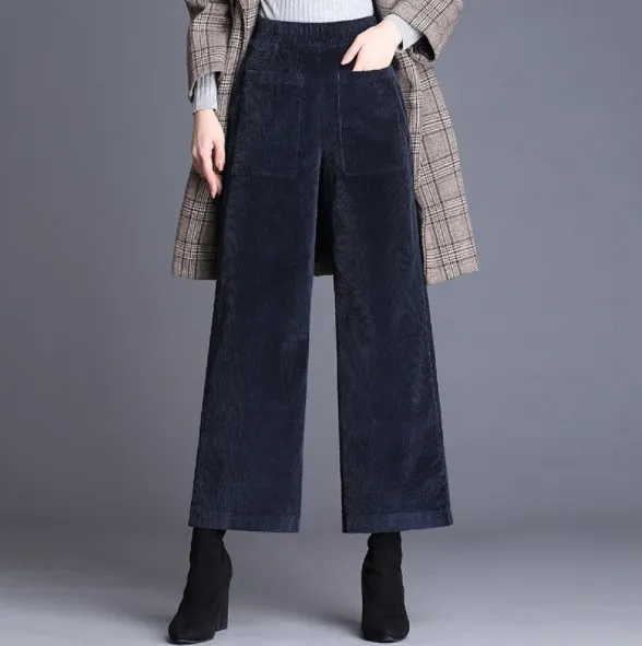 Womens Autumn Winter Corduroy Wide Leg Pants Formal Trousers Women Casual Bell Bottom Pants Korean Female Loose Pants - Цвет: Синий