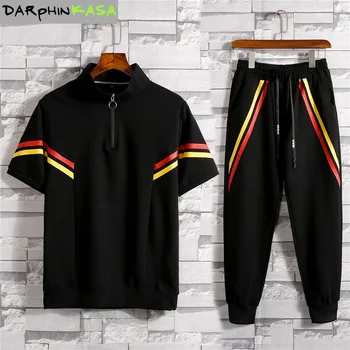 

DARPHINKASA Men's set 2020 Summer tracksuit Men's clothing Ropa Casual Print Cotton Sweatshirt Two Piece suit T-Shirts+Trousers