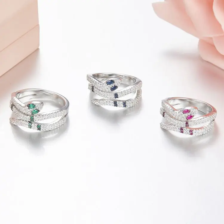 Fashion Snake Ring silver 925 red blue green cz zircon Finger ring Party women Trendy famous brand Jewelry Accessories | Украшения и