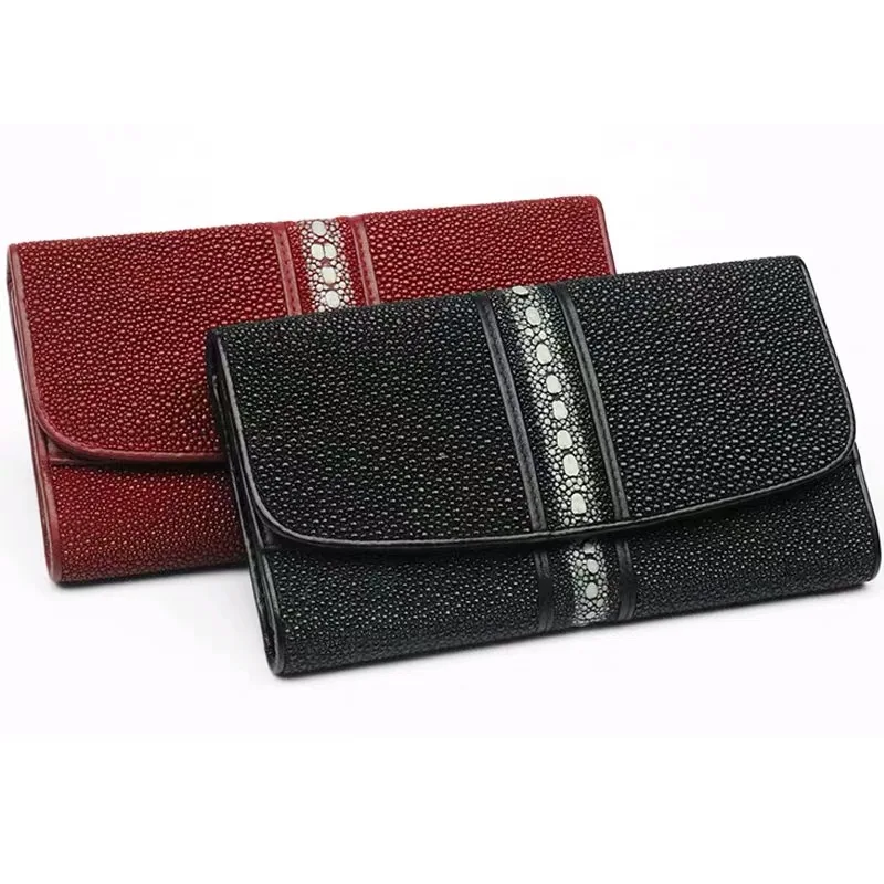 

Unisex Style Authentic Stingray Skin Men's Long Black Trifold Wallet Exotic Genuine Leather Dark Red Female Large Clutch Purse