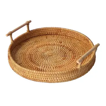 

Round Hand-woven Fruit Storage Basket Rattan Bread Serving Handcrafted Tray