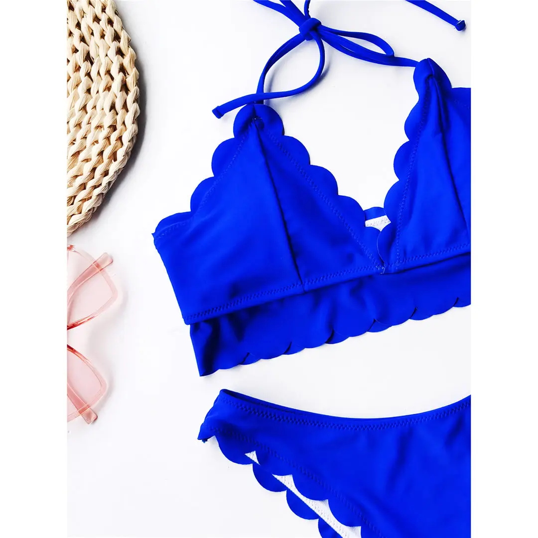 2020 Scalloped Mid Waist Bikini Female Swimsuit Women Swimwear Two-pieces Bikini set Halter Bather Bathing Suit Swim Lady V2446
